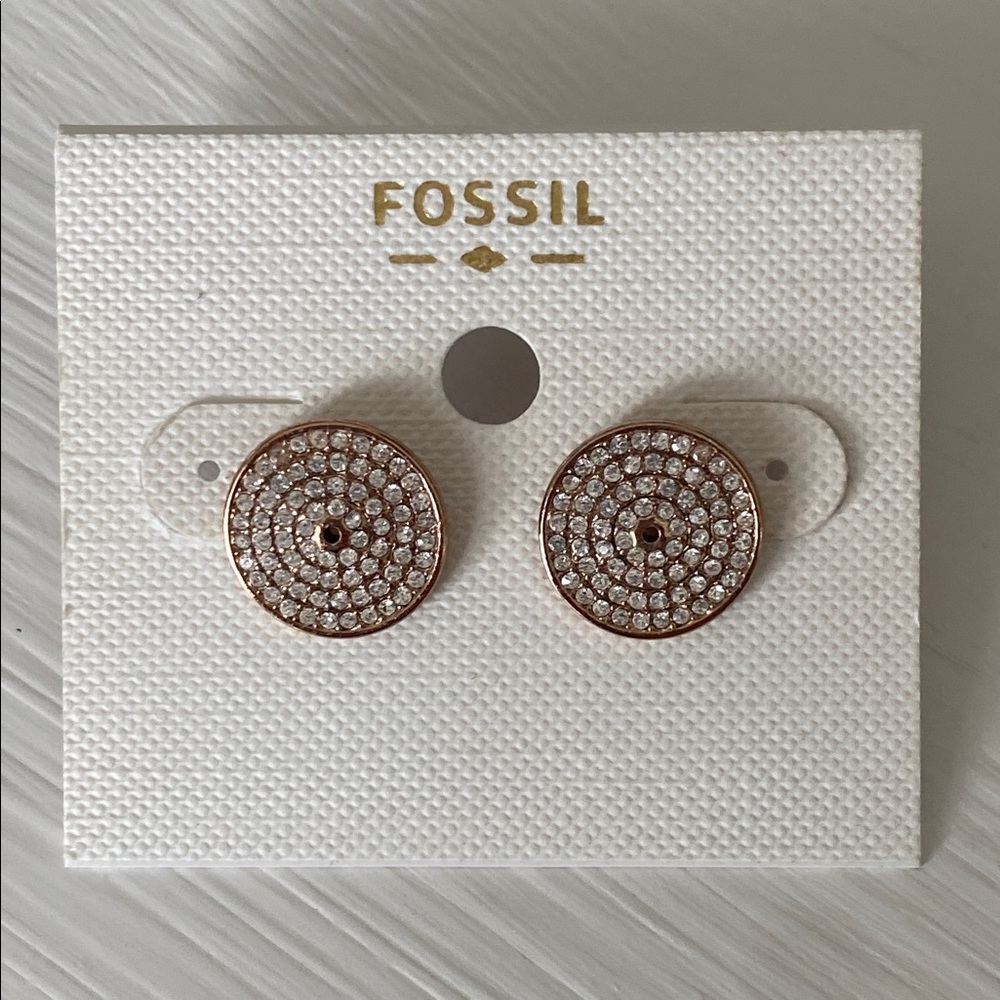Fossil Gold Tone Round Stud Earrings with Crystals with Dust Bag